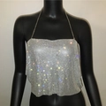 Detail of shimmering silver rhinestone halter top with intricate metal chain straps - One Size / Silver
