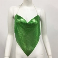 Detail of green sequin halter top with metallic mesh texture and delicate chain straps - One Size / Green