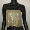 Detail of gold metal mesh halter top with shimmering rhinestones and adjustable chains - One Size / Gold