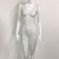 Dettaglio dell'abito a rete con scollo a V e strass di cristallo scintillanti su rete - 110cm-Scollo a V-Spacco Laterale / Argento