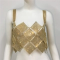 Sparkling gold rhinestone camisole with diamond-grid patchwork and wide straps - One Size / Gold