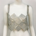 Sparkling silver rhinestone mesh crop top featuring square patchwork for party wear - One Size / Silver