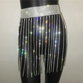 Close-up of sparkling rhinestone tassel waist chain with shimmering crystal fringes - Wide Dense Chain Style / Silver