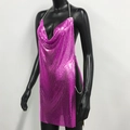 Detail view of hot pink metal sequins and silver side chains on sexy party dress - Rose Red