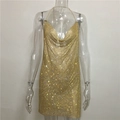 Sexy backless mini party dress in gold finish with sparkling rhinestones and metal chains - Gold (With Rhinestones)
