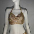 Top halter dorado de malla metálica con diamantes de imitación para ropa de fiesta - Dorado