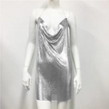 Detail shot of silver metal sequin mini dress featuring a draped cowl neck and chain straps - Style 5 Silver