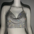 Top corto tipo halter de malla con pedrería plateada para fiesta y club - Plateado