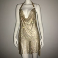 Detail of gold sequin fringe halter dress with shimmering metallic mesh texture - S / Gold