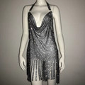 Detail of silver rhinestone fringe dress featuring sparkling crystals and halter v-neckline - S / Black