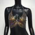 Dettaglio del top a canotta con strass colorati e catena per il corpo con cristalli - Taglia unica / Nero con Strass Colore AB