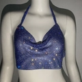 Top corto blu con strass e scollo all'americana per feste e look scintillante - Blu zaffiro