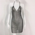 Close-up of silver rhinestone fishnet halter dress with deep V-neck for party wear - Black Dress