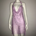 Detailed view of pink rhinestone mesh party dress with halter neck and crystal tassels - S / Pink