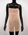 Close-up of beige sequin mesh mini dress with delicate straps and sparkling crystal details - Nude