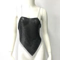 Detail view of black sequin crop top with silver chain straps and rhinestone trim - S / Black