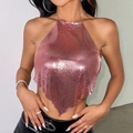 Top halter a paillettes metalliche oro rosa con orlo a bandana per feste - S / Oro rosa