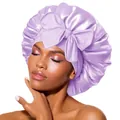 Detail of lavender satin hair bonnet featuring a large bow and smooth silk-like texture - Light Purple Cross Sleep Bonnet