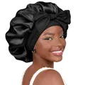 Silk satin sleep bonnet for women with large bow decoration and elastic wide band in black - Black Cross Sleep Bonnet