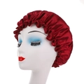 Classic red satin silk sleep cap with elastic ruffle edge for hair care on model head - Burgundy