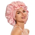 Gorro de dormir de satén rosa con lazo grande y banda elástica para el cabello - Estilo de Lazo / Rosa Nude