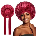 Burgundy satin hair bonnet with adjustable wide bow tie for sleep hair care - Elastic Style / Wine Red (YZ-DSMSJ)