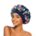 Cuffia da notte in raso floreale per donna con motivi di fiori rosa su tessuto blu notte - Taglia unica / Blu navy