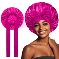 Dettaglio della cuffia da notte in raso rosa con fiocco grande e fascia elastica - Rosa Rosso