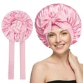 Detail of pink satin sleep cap featuring a smooth silk-like finish and a decorative bow tie - Elastic Style / Pink (YZ-DSMSJ)