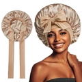 Champagne satin silk sleep bonnet with wide elastic band and long ribbon bow tie - One Size / Khaki
