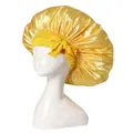 Glossy yellow satin sleep cap with elastic wide band and decorative bow for hair care - Yellow Cross Sleep Bonnet