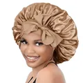 Champagne gold satin sleep bonnet for women with large bow knot and elastic hair ribbon - Khaki Cross Sleep Bonnet
