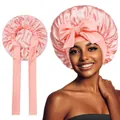 Detailed view of pink satin sleep bonnet with wide silk ribbons and decorative bow - Elastic Style / Nude Pink (YZ-DSMSJ)