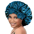 Deep teal satin sleep bonnet with oversized bow for hair protection and night care - Peacock Blue Cross Sleep Bonnet