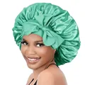 Mint green satin sleep bonnet for hair care with large decorative bow and elastic band - Fruit Green Cross Sleep Bonnet