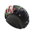 Dettaglio della cuffia da notte in raso floreale con ampia fascia elastica nera morbida - Taglia unica / Nero