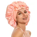 Pink satin sleep bonnet with wide elastic band and bow for hair protection and beauty - Bright Skin Pink Cross Sleep Bonnet