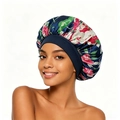 Bonnet de nuit en satin bleu marine à imprimé fleuri avec large bande élastique - Bleu Marine Fleuri