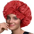 Large red satin sleep cap with a large decorative bow for curly hair protection - Bright Red Cross Sleep Bonnet