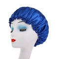 Cuffia da notte classica in raso blu scuro per donna con bordo elastico a volant - Blu Zaffiro