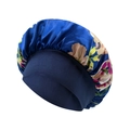 Detail of floral printed satin sleep bonnet with a navy blue wide elastic headband - One Size / Dark Blue