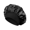 Schwarze Schlafhaube aus Satin mit breitem Gummiband für Damenhaarpflege beim Schlafen - Schwarz
