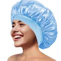 Hellblaue Satin-Schlafhaube mit breitem Elastikband zum Schutz der Haare in der Nacht - Seeblau