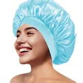 Hellblaue Satin-Schlafhaube mit breitem Elastikband für Haarschutz und Nachtpflege - Himmelblau