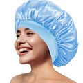 Hellblaue Satin-Schlafhaube für Damen mit breitem elastischem Band und seidigem Glanz - Seeblau