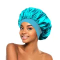 Cuffia da notte in raso con ampia fascia elastica blu ciano per la cura dei capelli - Blu Ciano