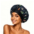 Floral butterfly print satin bonnet hair wrap with black wide elastic band for women - Black