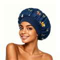 Dark blue satin bonnet with colorful butterfly print and wide elastic band for hair care - Navy Blue