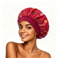 Burgundy satin sleep bonnet with wide elastic band and colorful butterfly patterns - Burgundy