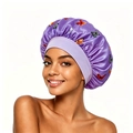 Purple satin sleep bonnet with butterfly print and wide elastic band for hair care - Light Purple